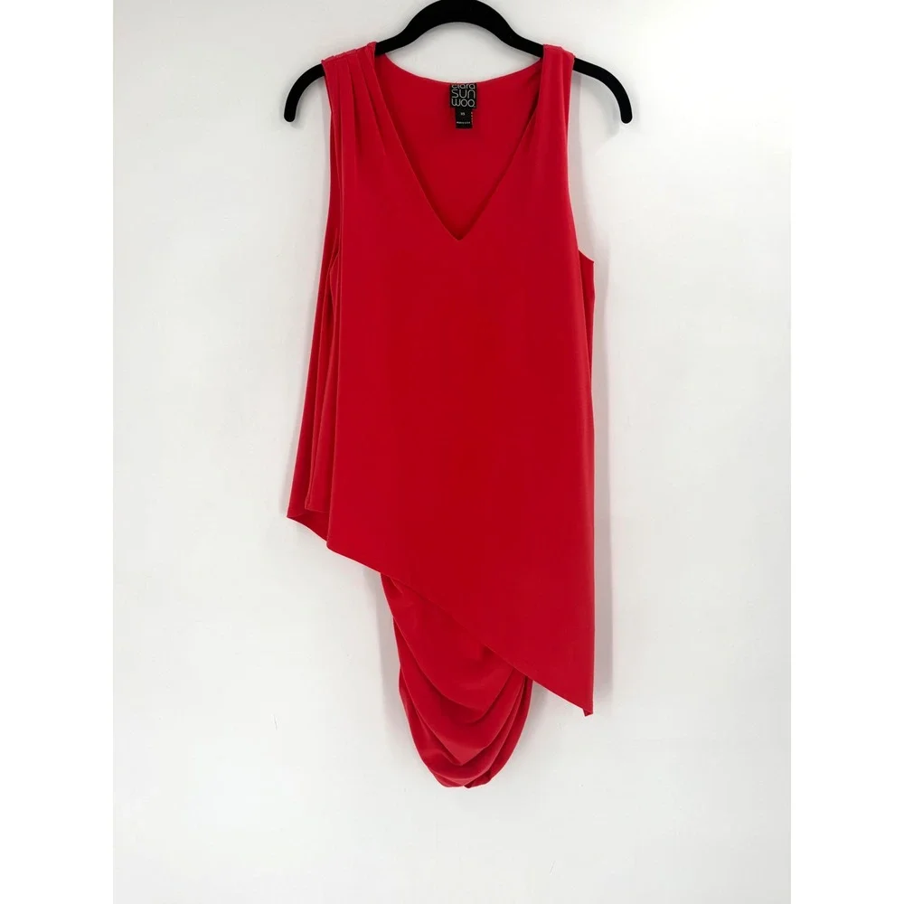 Clara Sunwoo Asymmetrical Draped Dress Womens XS Red V-Neck Stretch‎ Avant Garde